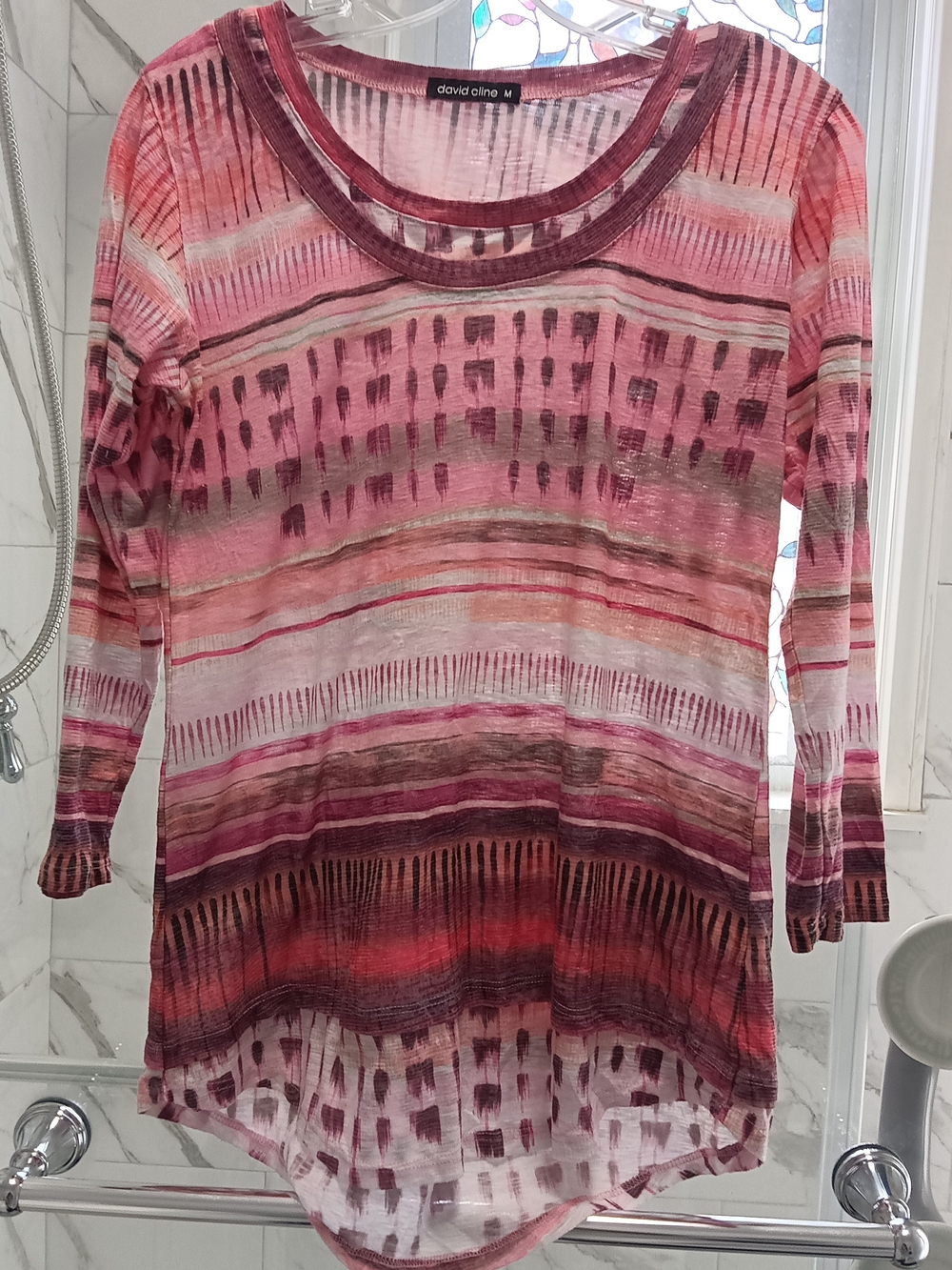 David Cline Med Crushed Layered Look Boho 3/4 Sleeve Orchid Abstract Print Top
